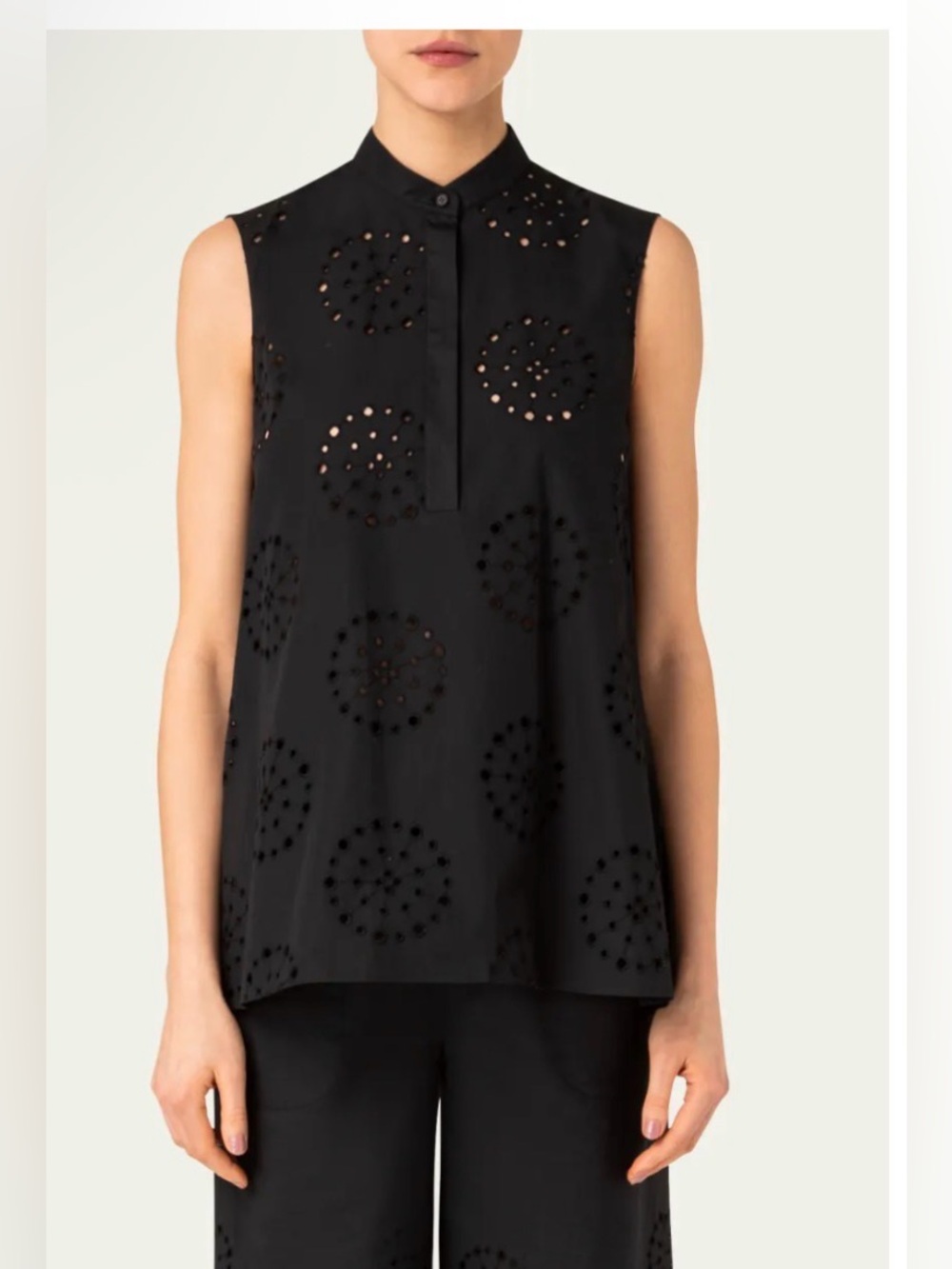 Akris punto cotton black Medallion Eyelet Sleeveless Blouse